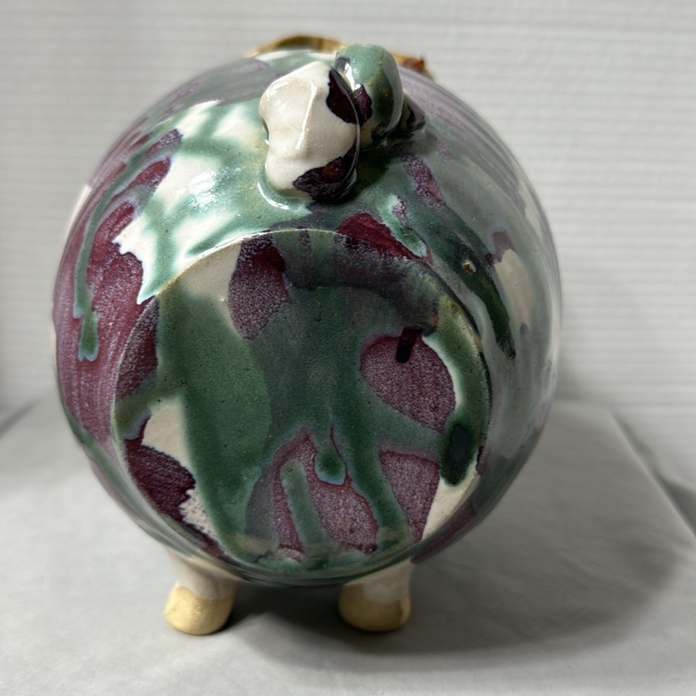 Large Vtg Pottery Studio Ceramic Art Piggy Bank Drip Glaze Cowboy Hat Multicolor - Picture 3 of 11